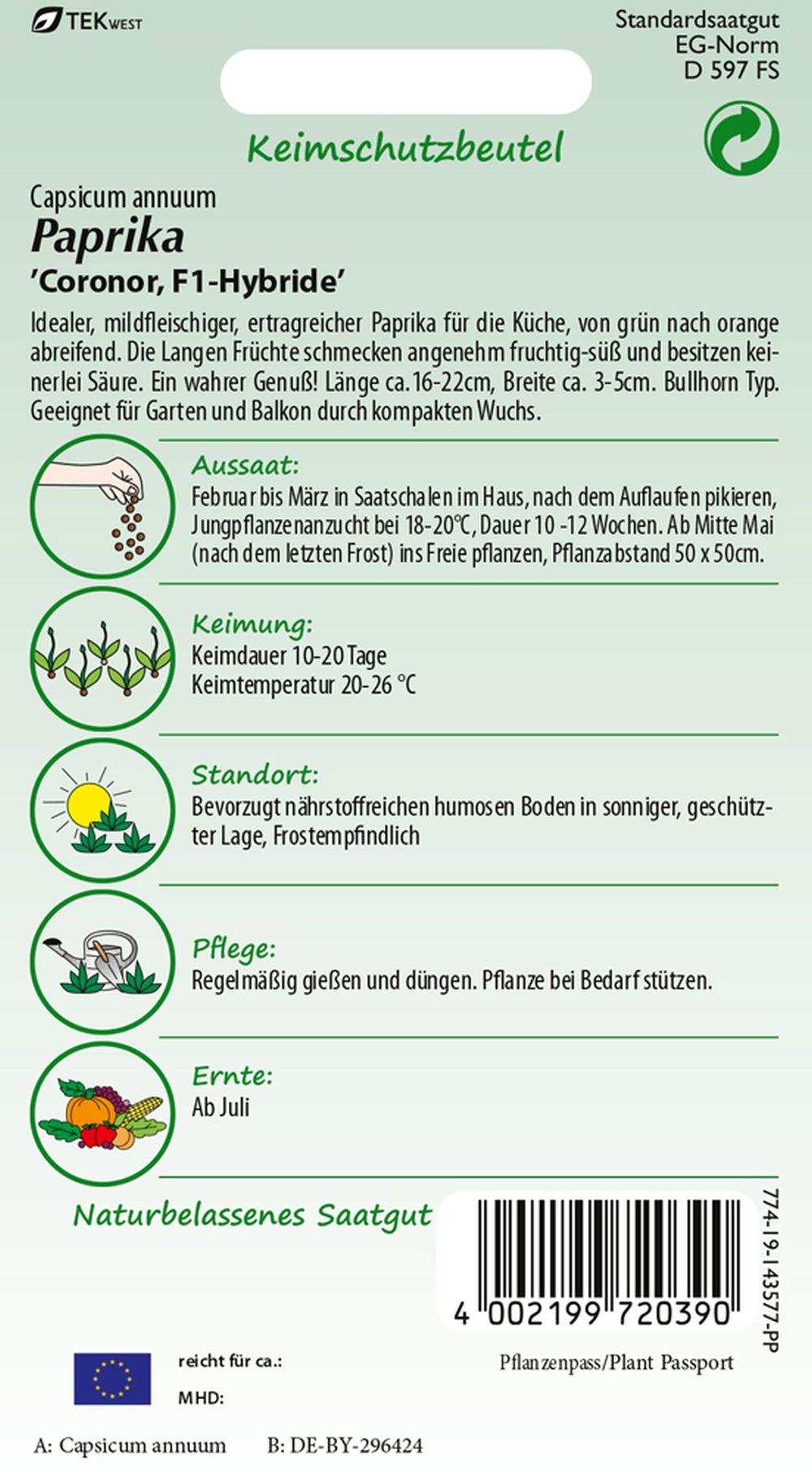 Rückseite der Verpackung des Saatgutes Paprika, Coronor F1 der Firma Samen Pfann von ihrgartenberater.de