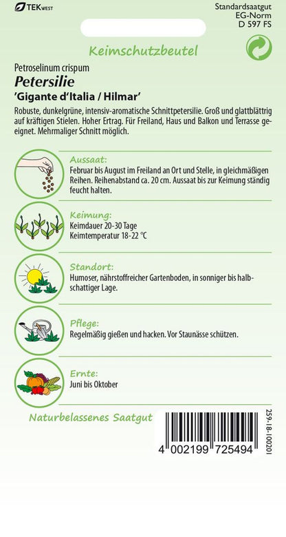 Rückseite der Verpackung des Saatgutes Petersilie, Gigante d`Italia Kleinpackung der Firma Samen Pfann von ihrgartenberater.de