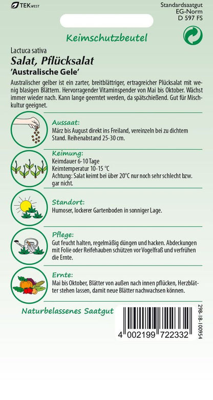 Rückseite der Verpackung des Saatgutes Pflücksalat, Australischer gelber der Firma Samen Pfann von ihrgartenberater.de