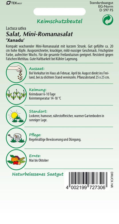 Rückseite der Verpackung des Saatgutes Mini-Romanasalat, Xanadu der Firma Samen Pfann von ihrgartenberater.de