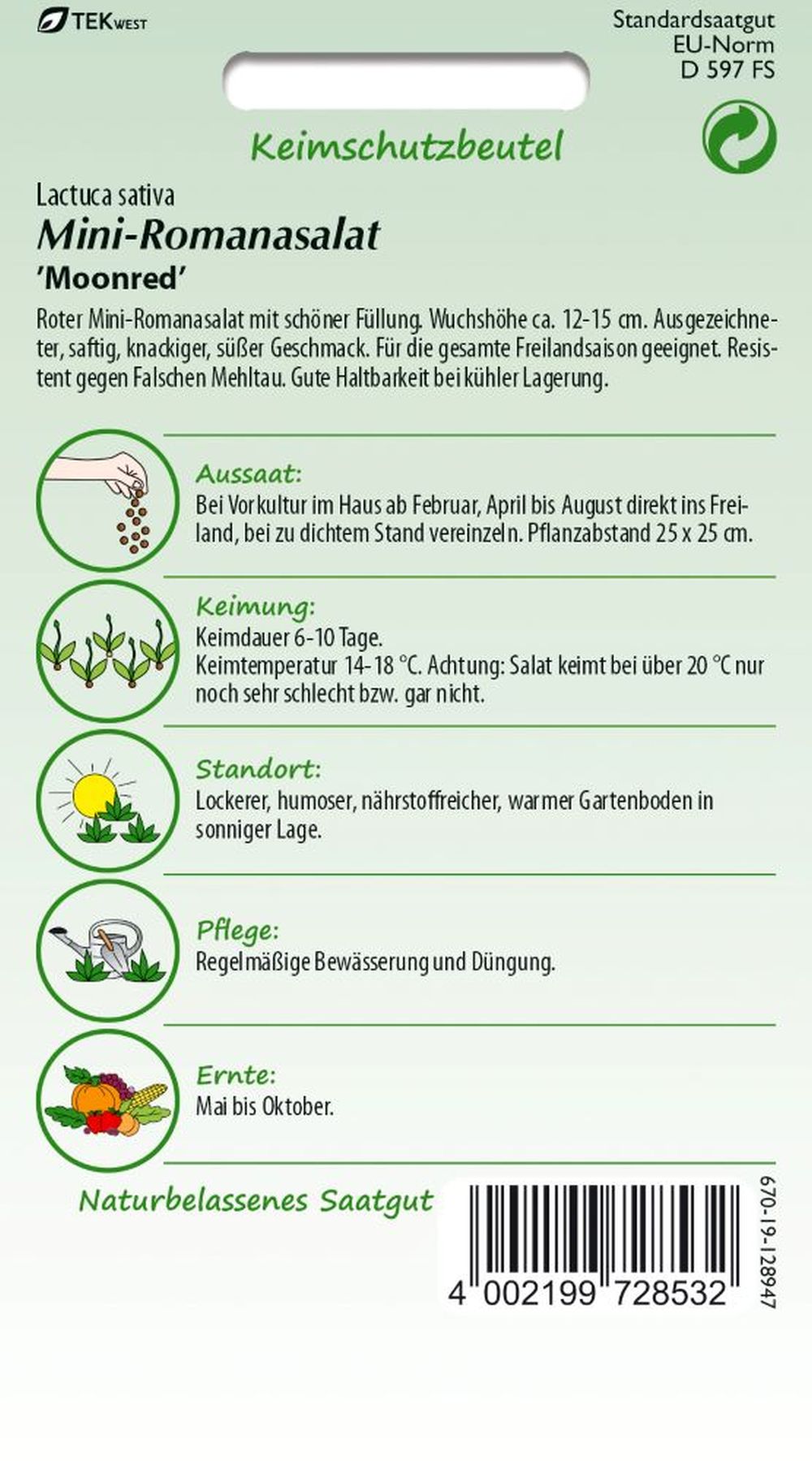 Rückseite der Verpackung des Saatgutes Romanasalat, Moonred der Firma Samen Pfann von ihrgartenberater.de