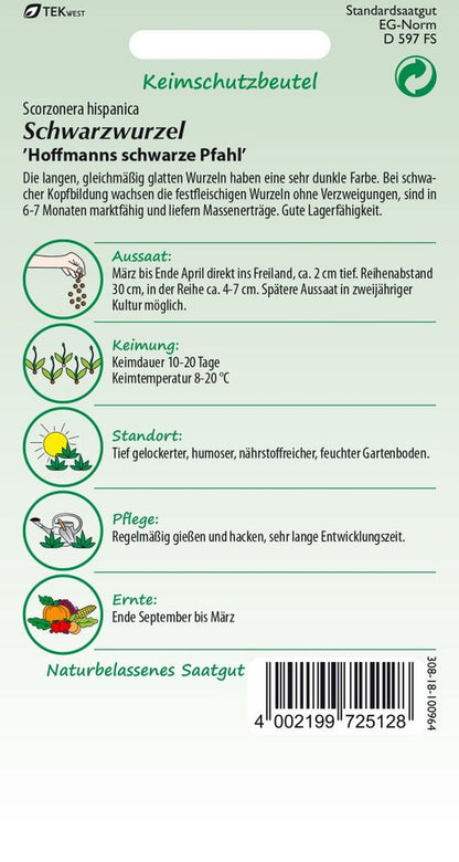 Rückseite der Verpackung des Saatgutes Schwarzwurzeln, Schwarze Pfahl der Firma Samen Pfann von ihrgartenberater.de