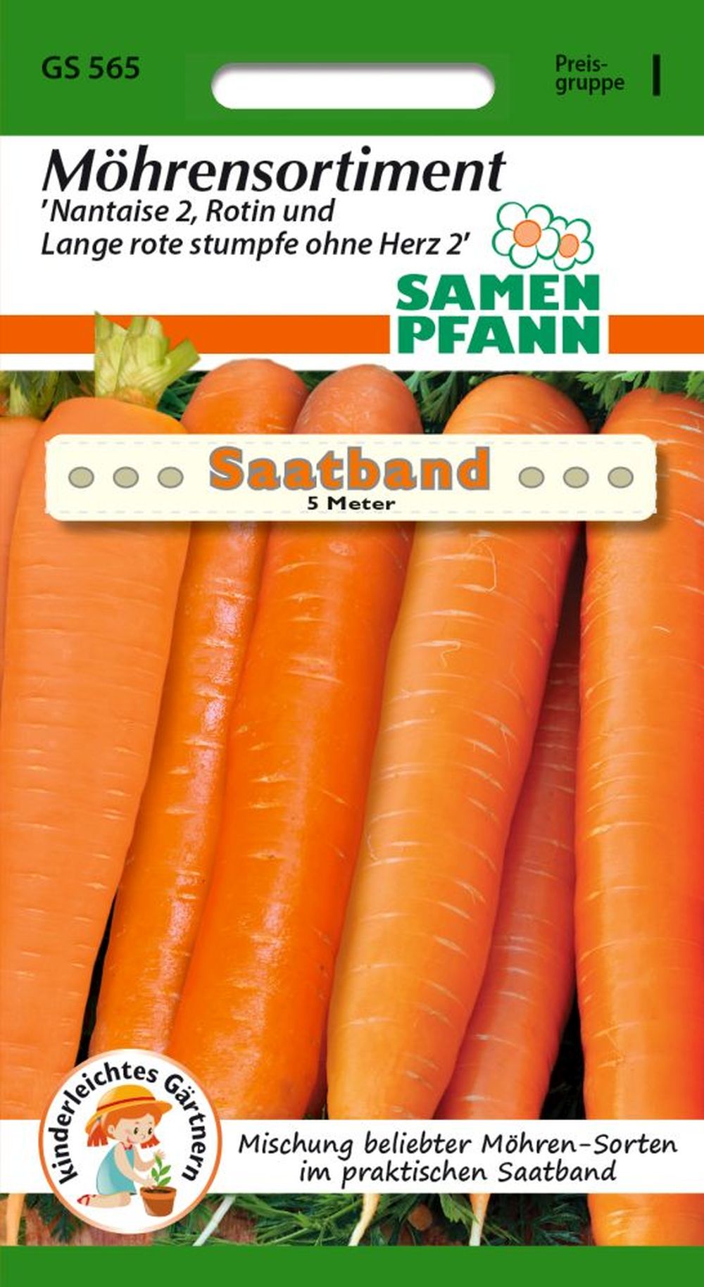 Vorderseite der Verpackung des Saatgutes Möhrensortiment, Saatband der Firma Samen Pfann von ihrgartenberater.de
