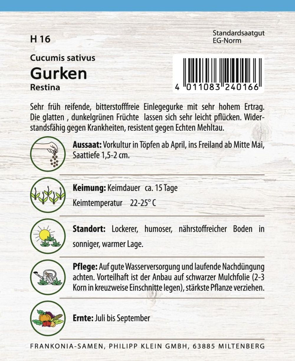 Rückseite der Verpackung des Saatgutes Einlegegurke, Restina F1 der Firma Frankonia Samen von ihrgartenberater.de