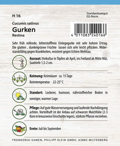 Rückseite der Verpackung des Saatgutes Einlegegurke, Restina F1 der Firma Frankonia Samen von ihrgartenberater.de