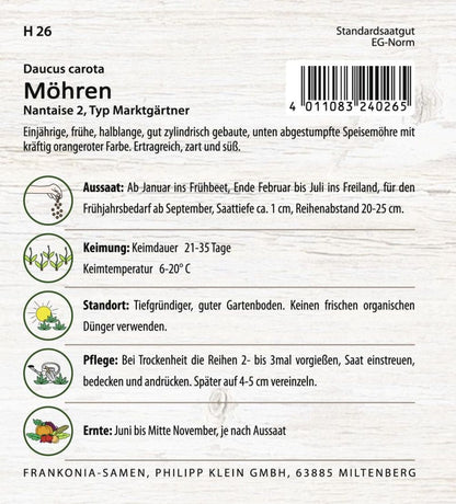 Rückseite der Verpackung des Saatgutes Möhre, Nantaise Großpackung der Firma Frankonia Samen von ihrgartenberater.de