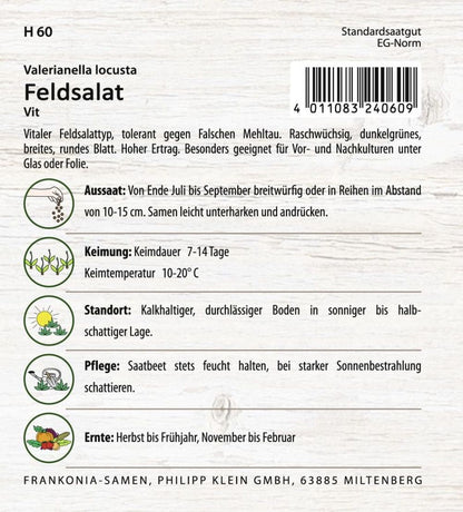 Rückseite der Verpackung des Saatgutes Feldsalat, Vit Großpackung der Firma Frankonia Samen von ihrgartenberater.de