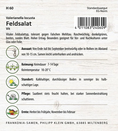 Rückseite der Verpackung des Saatgutes Feldsalat, Vit Großpackung der Firma Frankonia Samen von ihrgartenberater.de