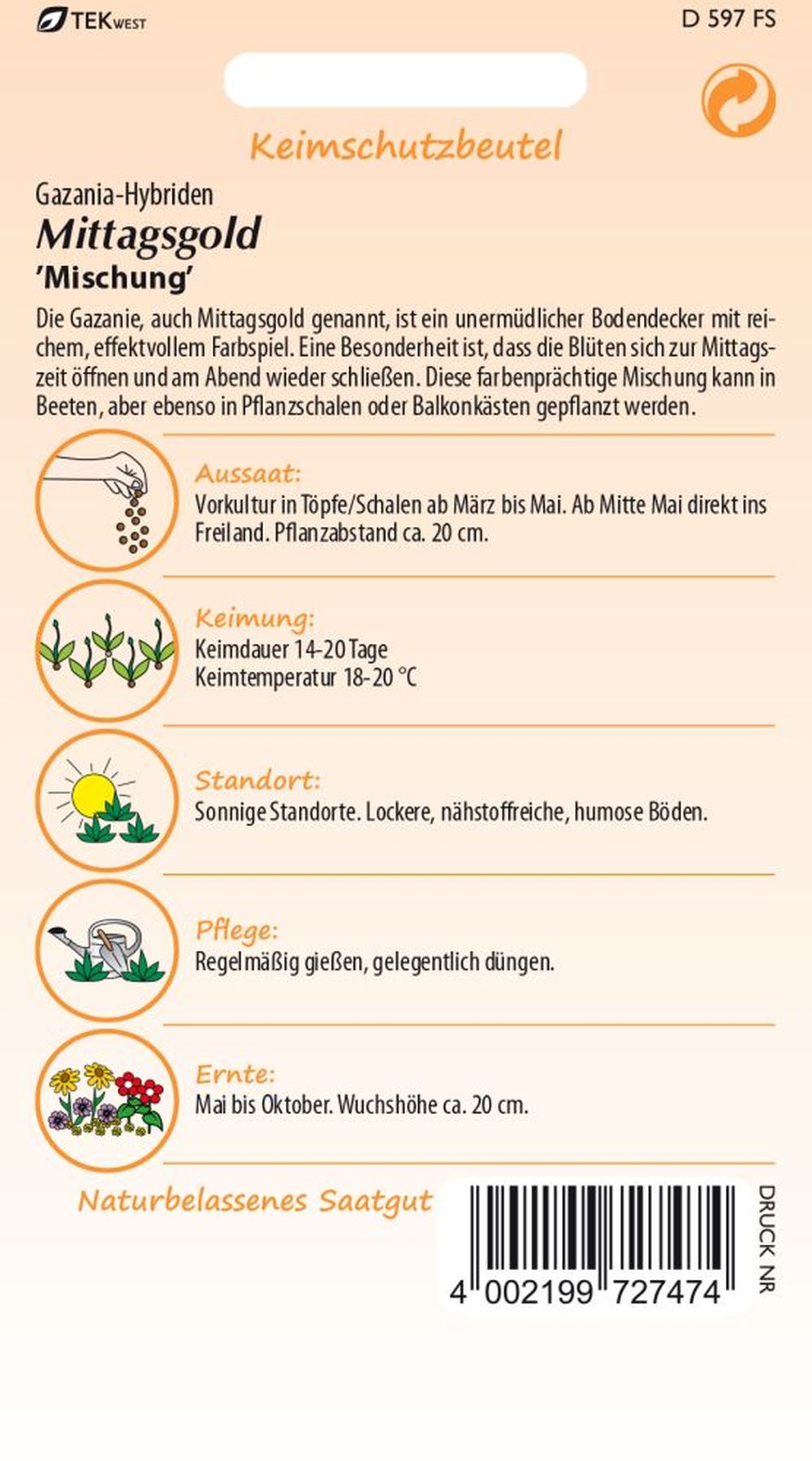 Rückseite der Verpackung des Saatgutes Mittagsgold (Gazania), Mischung der Firma Samen Pfann von ihrgartenberater.de