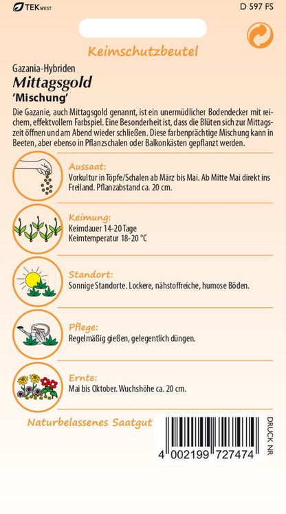 Rückseite der Verpackung des Saatgutes Mittagsgold (Gazania), Mischung der Firma Samen Pfann von ihrgartenberater.de