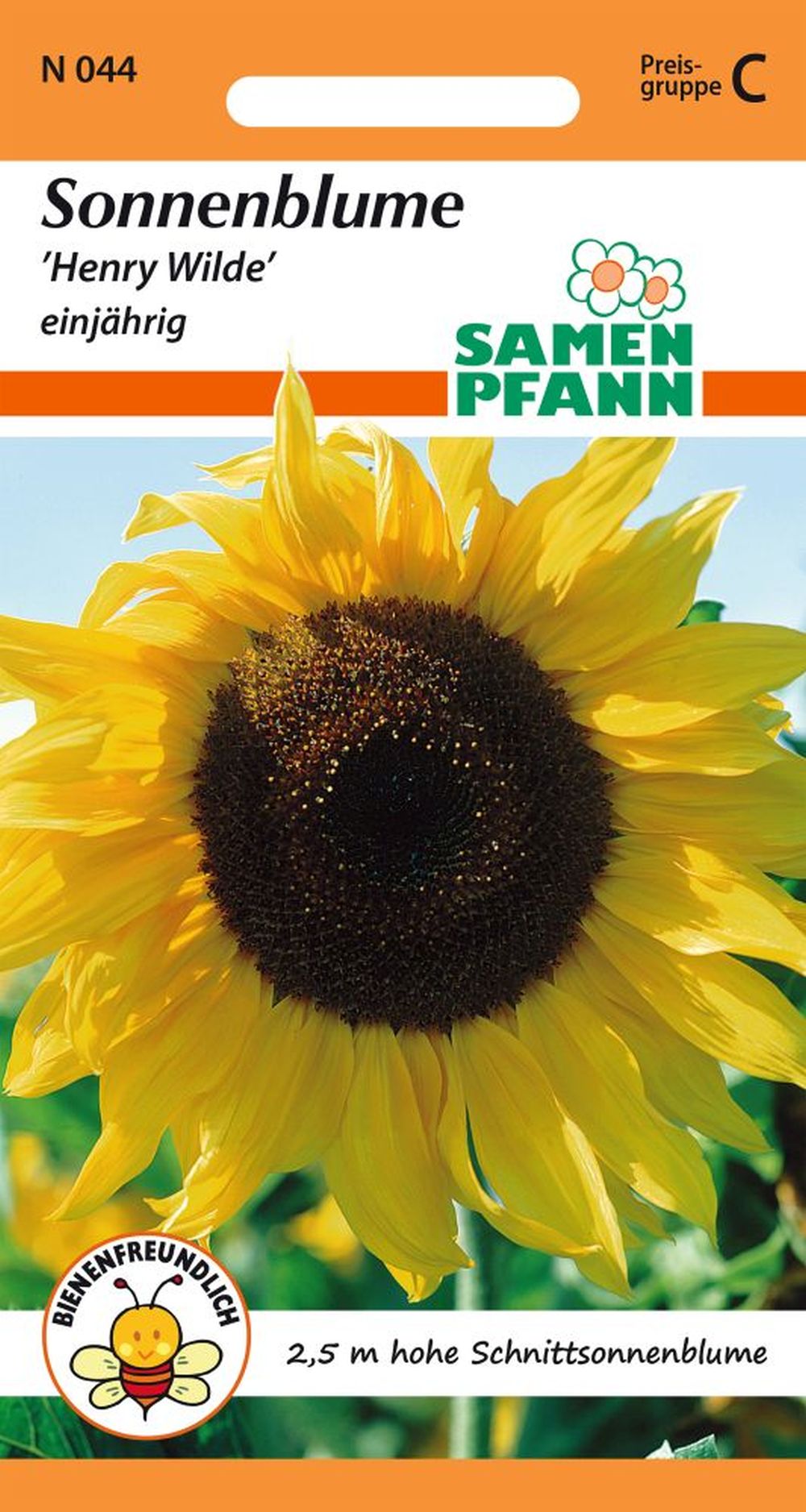 Vorderseite der Verpackung des Saatgutes Sonnenblume, Henry Wilde der Firma Samen Pfann von ihrgartenberater.de