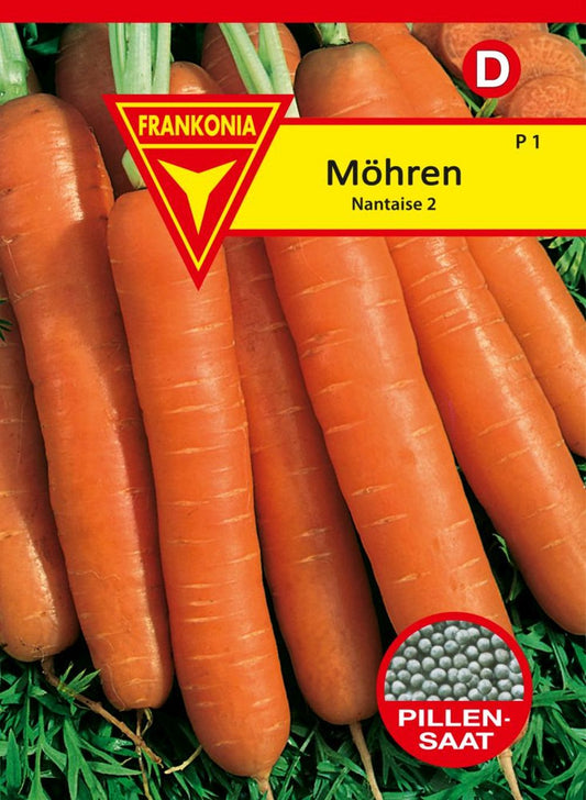 Vorderseite der Verpackung des Saatgutes Möhre, Nantaise Pillensaatgut der Firma Frankonia Samen von ihrgartenberater.de