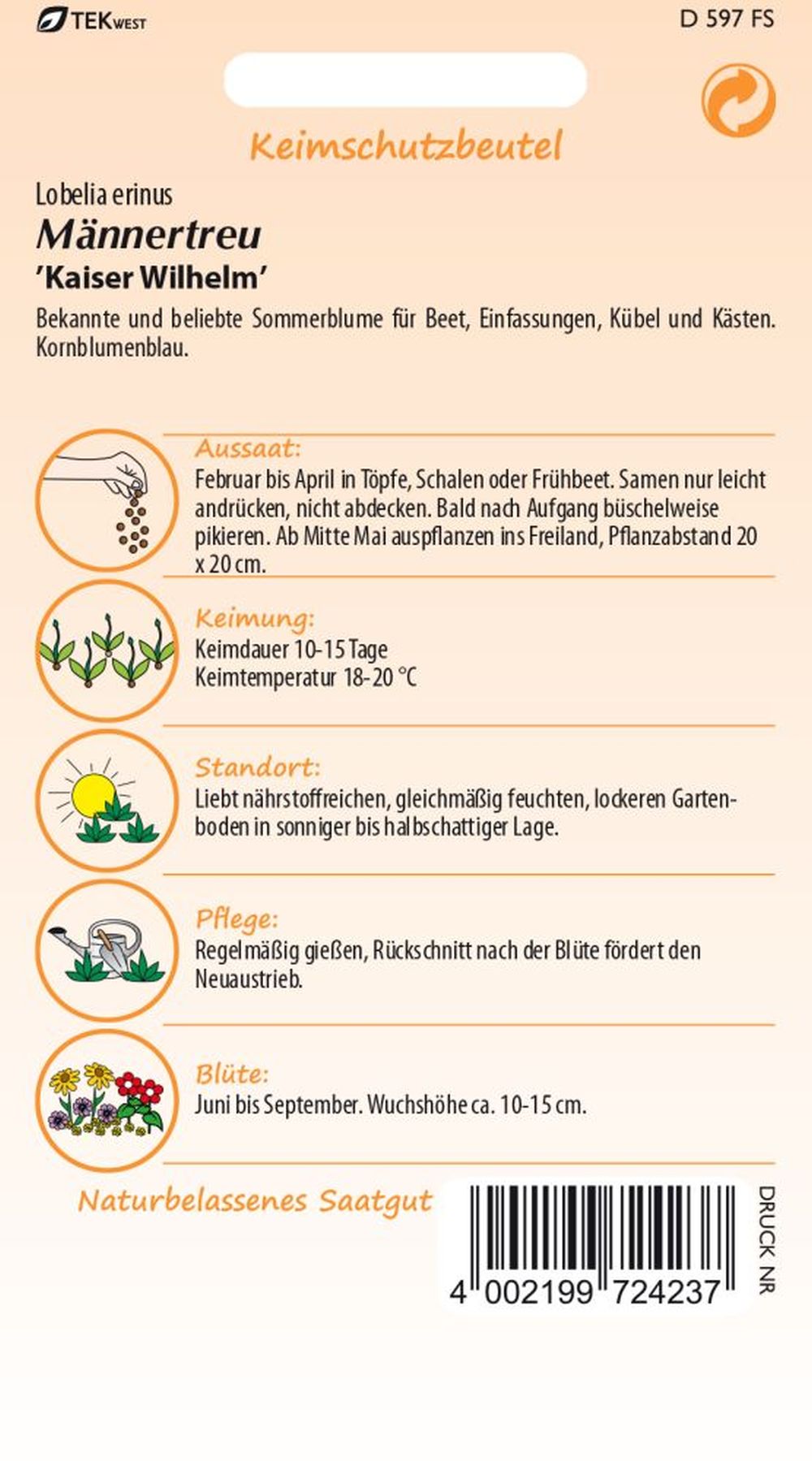 Rückseite der Verpackung des Saatgutes Männertreu (Lobelia), Kaiser Wilhelm der Firma Samen Pfann von ihrgartenberater.de