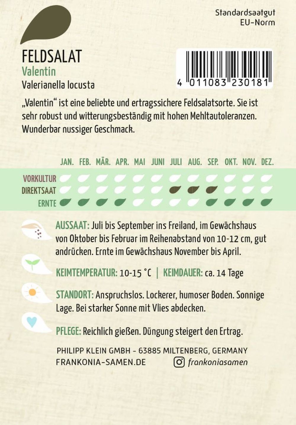 Rückseite der Verpackung des Saatgutes Feldsalat, Valentin der Firma Frankonia Samen von ihrgartenberater.de