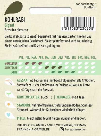 Rückseite der Verpackung des Saatgutes Kohlrabi, Gigant der Firma Frankonia Samen von ihrgartenberater.de