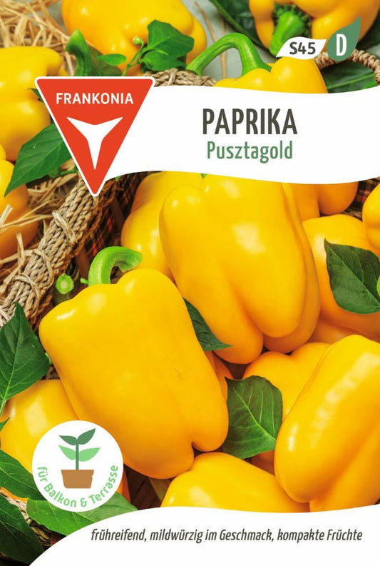 Vorderseite der Verpackung des Saatgutes Paprika, Pusztagold der Firma Frankonia Samen von ihrgartenberater.de