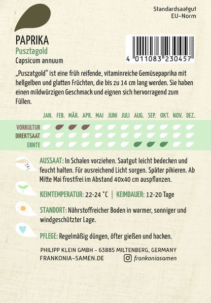 Rückseite der Verpackung des Saatgutes Paprika, Pusztagold der Firma Frankonia Samen von ihrgartenberater.de
