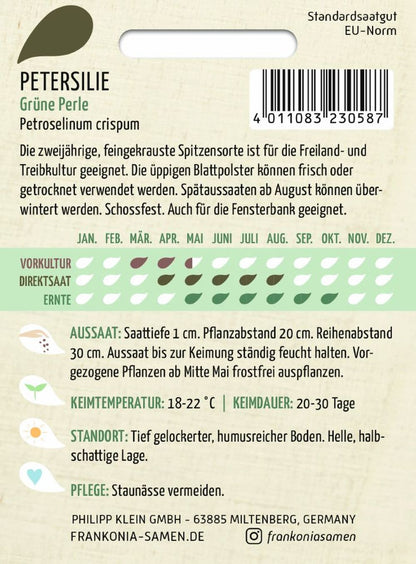 Rückseite der Verpackung des Saatgutes Petersilie, Grüne Perle der Firma Frankonia Samen von ihrgartenberater.de
