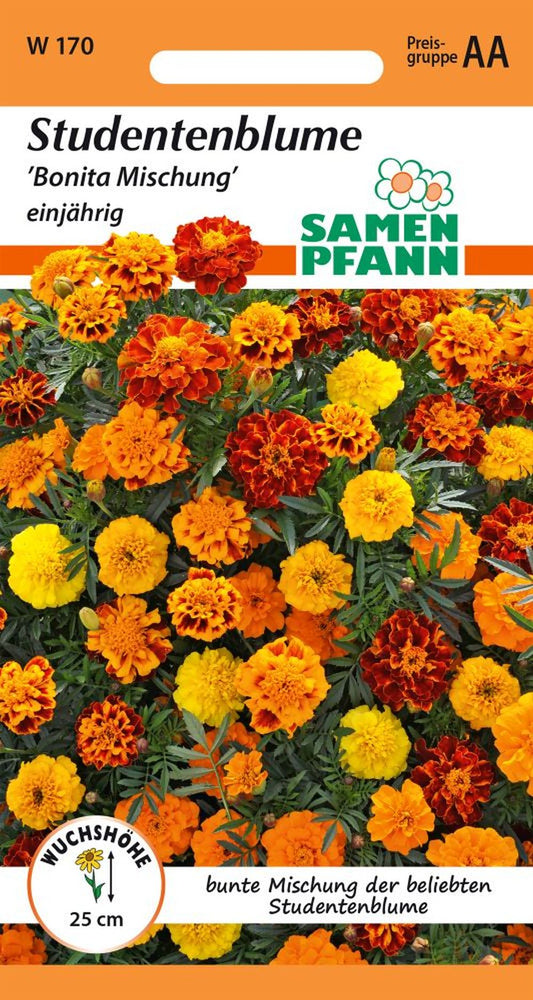 Vorderseite der Verpackung des Saatgutes Tagetes, Bonita Mix der Firma Samen Pfann von ihrgartenberater.de