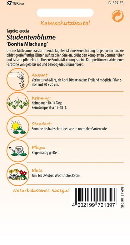 Rückseite der Verpackung des Saatgutes Tagetes, Bonita Mix der Firma Samen Pfann von ihrgartenberater.de