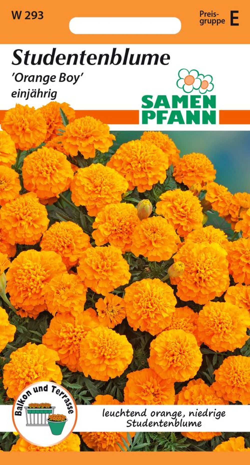 Vorderseite der Verpackung des Saatgutes Tagetes, Orange Boy der Firma Samen Pfann von ihrgartenberater.de