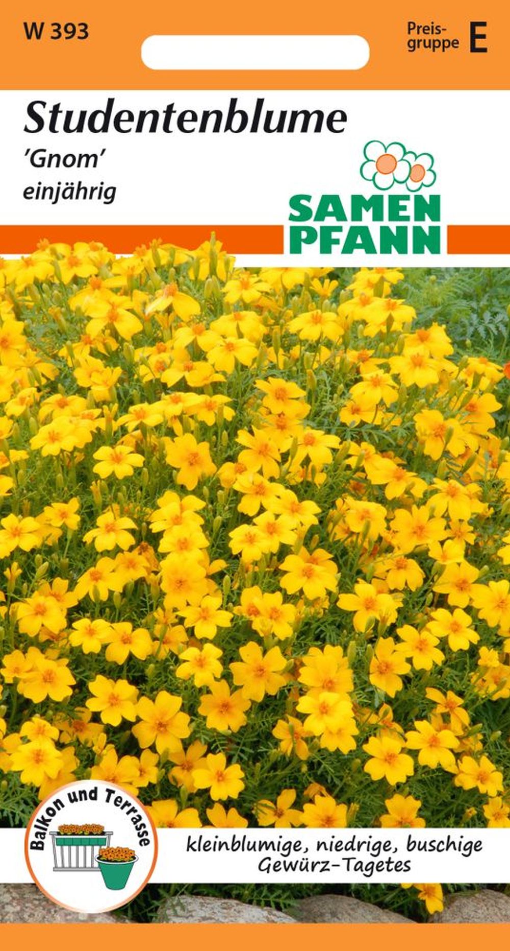Vorderseite der Verpackung des Saatgutes Tagetes, Gnom der Firma Samen Pfann von ihrgartenberater.de