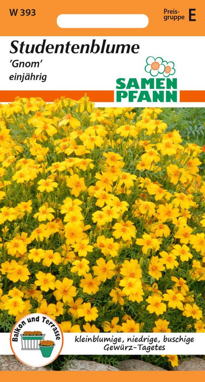 Vorderseite der Verpackung des Saatgutes Tagetes, Gnom der Firma Samen Pfann von ihrgartenberater.de