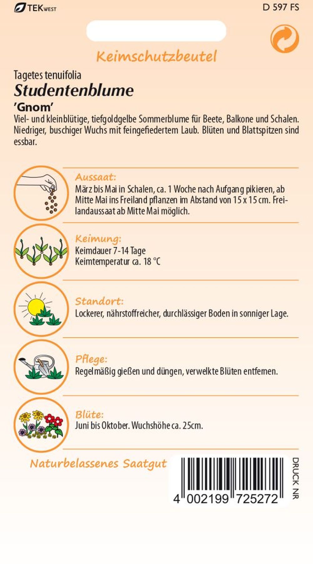 Rückseite der Verpackung des Saatgutes Tagetes, Gnom der Firma Samen Pfann von ihrgartenberater.de